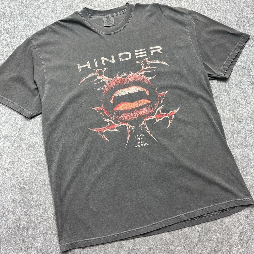 Hinder Shirt Mens 2XL Gray Comfort Colors Lips Of An Angel Rock Band Y2K Tee